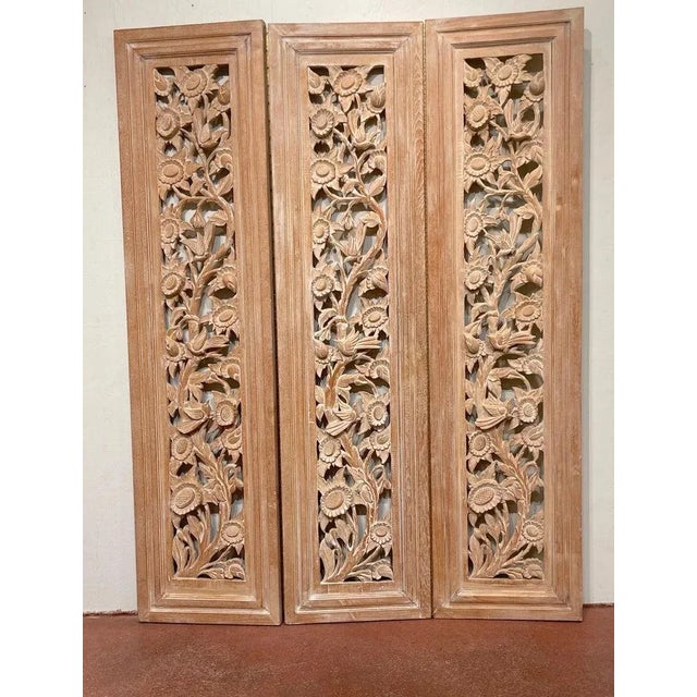 Mid-Century Modern Mid 20th Century Three-Panel Carved Bleached Hardwood Bird Floral Screen, Style of James Mont For Sale - Image 3 of 12