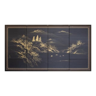 1960s Shōwa Era Japanese Byobu Screen "Mountain Landscape on Black Background" For Sale