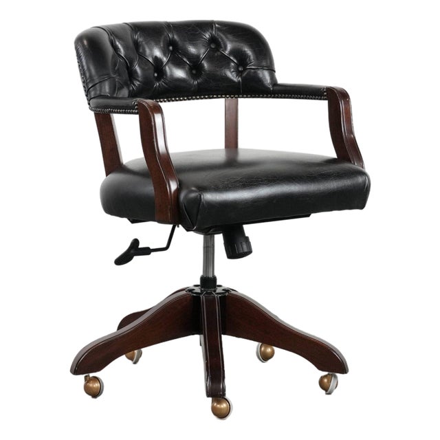 Chesterfield Office Chair in Cowhide Leather on Wheels For Sale