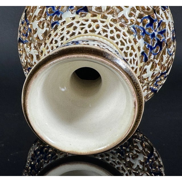 Zsolnay Double Walled Reticulated Porcelain Vase, Cobalt Blue, Gilded, 1887-1889 For Sale In San Diego - Image 6 of 9