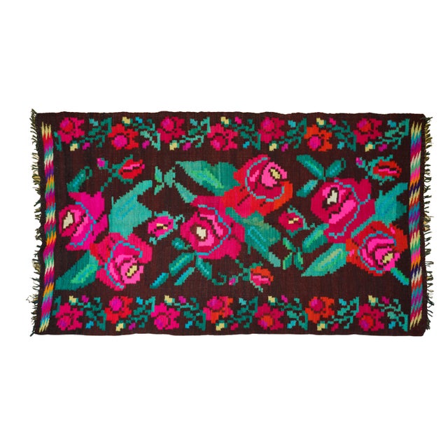 Vintage Romanian Bessarabian-Style Handwoven Wool Rose Kilim Runner Rug, 1960s For Sale - Image 9 of 9