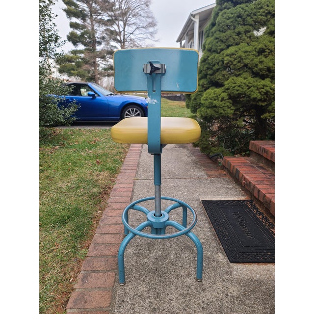 Metal 1960s Vintage Adjusto Equipment Company Drafting Chair Stool Vinyl Cushion Back Rest Swivel Adjustable With Foot Ring For Sale - Image 7 of 12
