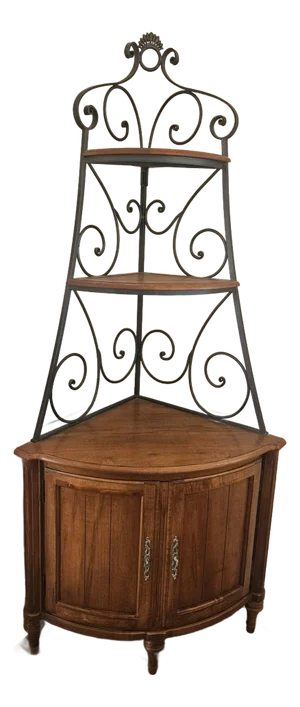 1990s Ethan Allen Legacy French Country Corner Cabinet Bakers Rack Wrought Iron