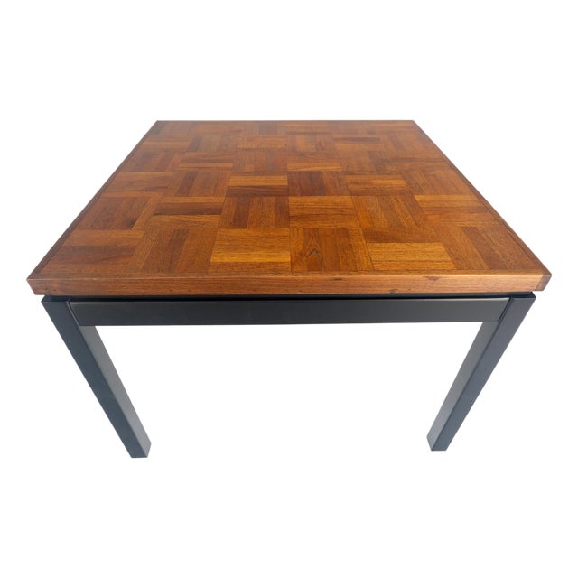 Parquetry Teak Top 28x28" Square Top Black Lacquer Top Side End Table MINT For Sale