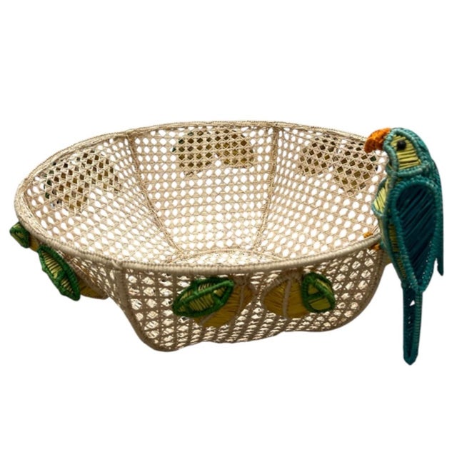 2000 - 2009 Vintage Tropical Raffia & Cane Fruit Bowl With Perched Parrot & Lemon Accents For Sale - Image 5 of 12
