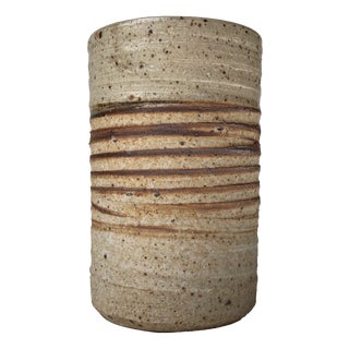 Vintage Cylindrical Vase in Striped Glazed Stoneware by Tue Poulsen, 1970s For Sale