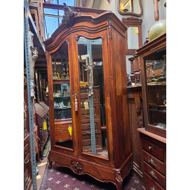 Antique French Louis XV Walnut Armoire Dual Beveled Mirrored Doors For Sale - Image 10 of 12