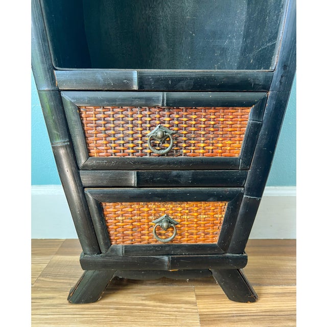 Vintage Ebonized Black Bamboo & Woven Rattan Two-Drawer Cabinet – Chinoiserie / British Colonial For Sale - Image 10 of 13