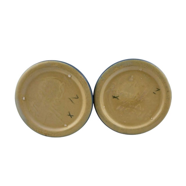 Ceramic Pair of 1940s Roseville Zephyr Lily Bermuda Blue Candlestick Holders For Sale - Image 7 of 10