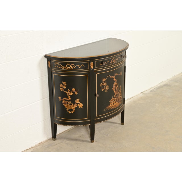Imperial Furniture, Grand Rapids Imperial Furniture Grand Rapids French Regency Chinoiserie Black Lacquered Hand Painted Demilune Cabinet, Circa 1940s For Sale - Image 4 of 16
