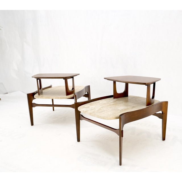 Pair sculptural 1970s walnut travertine tops step side end tables singer sons mint!