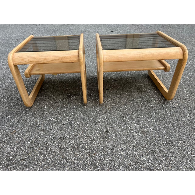 1970s Mid-Century Solid Oak Smoked Glass Top End Side Tables Lou Hodges a Pair For Sale - Image 5 of 9