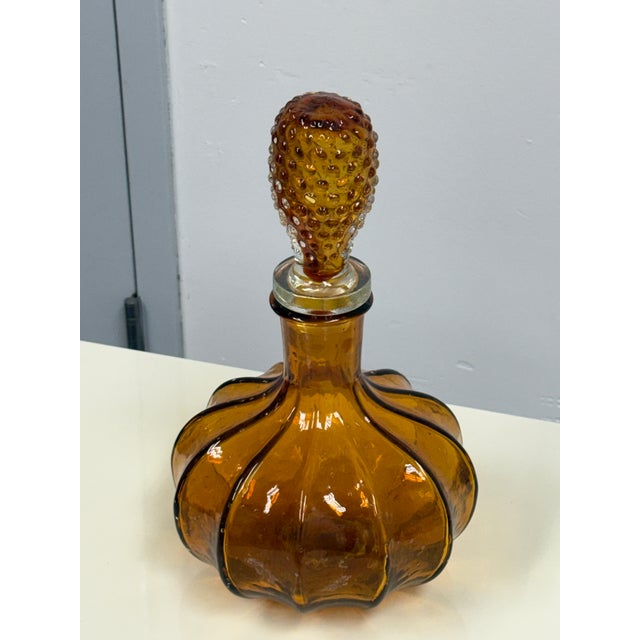 Glass Diamond Star Amber Ribbed Glass Decanter, Vintage For Sale - Image 7 of 12