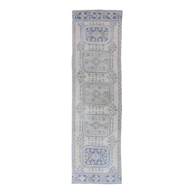 Vintage Turkish Oushak Runner in Faded Blue in Neutral Background For Sale