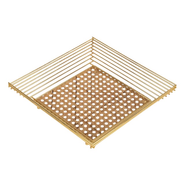 Acrylic Glass, Rattan and Brass Vide-Poche or Centerpiece in the style of Dior Home, Italy, 1970s For Sale