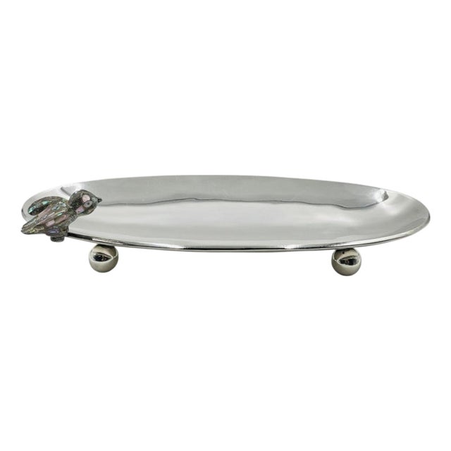 Vintage Footed Tray With Abalone Bird by Los Castillo, Mexican Modernism For Sale