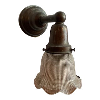 Antique Industrial Steel Wall Sconce With Holophane Glass Shade For Sale