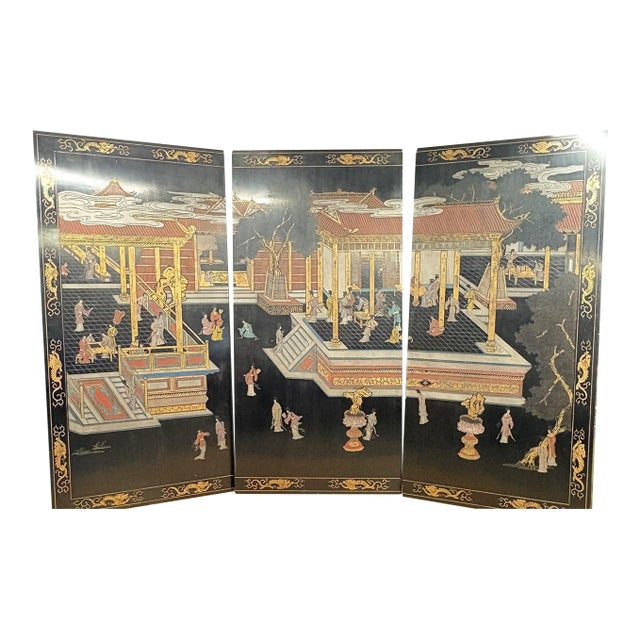 Extraordinary 8-Foot Maitland-Smith 3-Panel Chinoiserie Coromandel Style Lacquer Screen For Sale