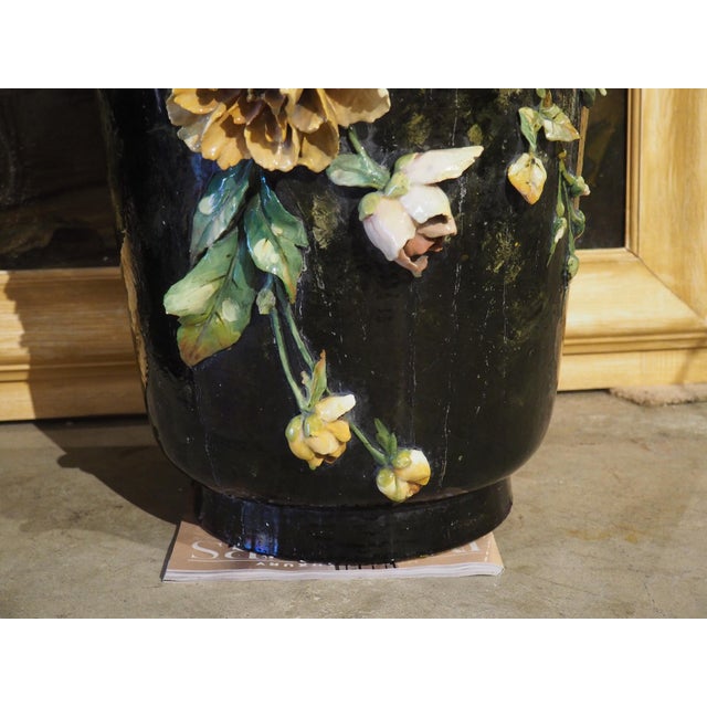 An Exceedingly Rare Pair of Monumental Antique French Gros Relief Barbotine Vases by Théodore Lefront, Circa 1875 For Sale In Dallas - Image 6 of 13