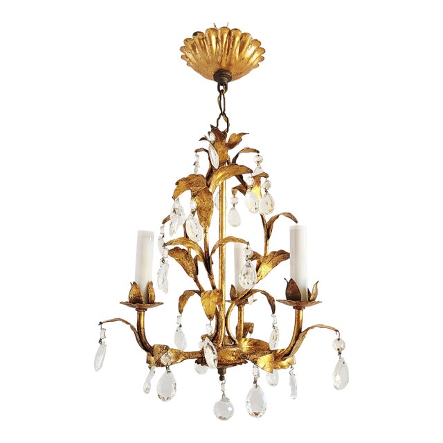 Vintage Italian Gilt Tole Chandelier With Crystal Prisms. For Sale