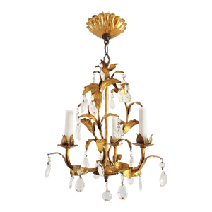 Vintage Italian Gilt Tole Chandelier With Crystal Prisms.