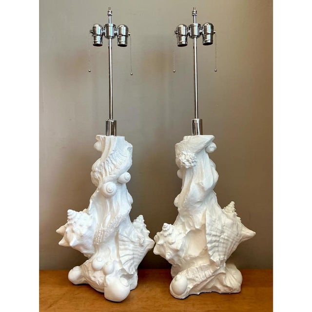 Vintage White Plaster Shell Table Lamps - Pair For Sale - Image 9 of 12