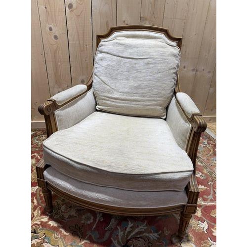 Louis XVI Style Lounge Chairs in Beige Fabric with Ottoman, Set of 3 For Sale - Image 3 of 9