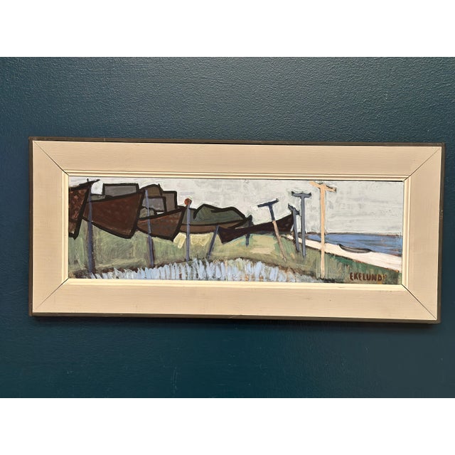 Ivar Ekelund, Coastal Landscape with Beached Boats, 1950s, Oil on Panel, Framed For Sale - Image 14 of 14