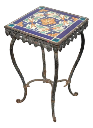 Vintage Spanish Revival Wrought Iron Side Table With Mosaic Tile Top