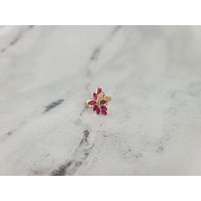 Marquise Ruby Leaf Floral Cluster Ring 14k Yellow Gold, Size 8 For Sale - Image 4 of 5