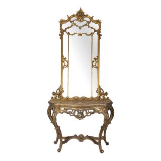 Antique Console Table with Mirror in Decorated Wood, 1890s For Sale