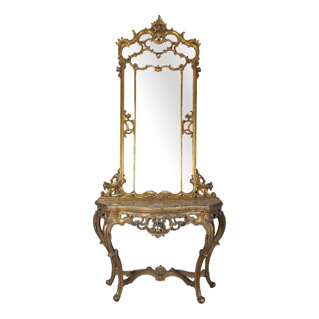 Antique Console Table with Mirror in Decorated Wood, 1890s For Sale