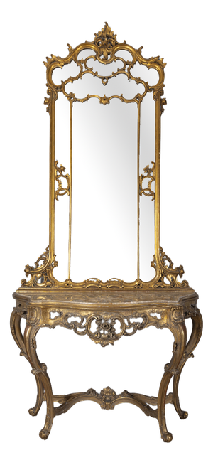 Antique Console Table with Mirror in Decorated Wood, 1890s