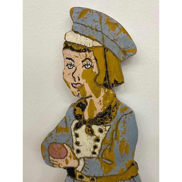 Folk Art Vintage Folk Art Painted Wood Garden Figure Sculpture on Stand, Hand Carved Decorative Cutout For Sale - Image 3 of 12