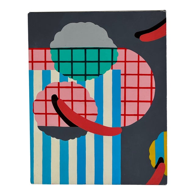 Vintage Modern Acrylic on Linen Abstract Painting With Bright Blues & Pinks For Sale