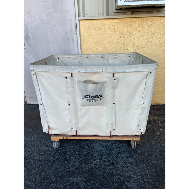 Industrial Vintage Canvas Laundry Cart on Wheels Large Industrial Storage Rolling Hamper For Sale - Image 3 of 3