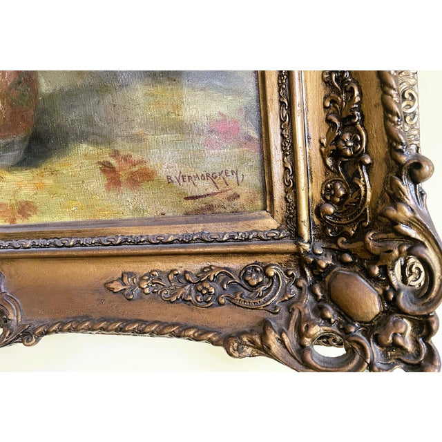 Large oil painting "Roses in a Vase," signed B. Vermorgken, 77 × 64 cm, circa 1900s. Most likely a Belgian or Dutch...