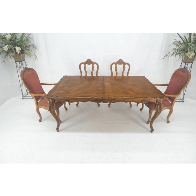 Country French Parquetry Top Table 6 Dining Chairs 2X22" Extension Board Leafs For Sale - Image 12 of 17