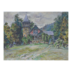 Mid Century Black Forest Chalet Landscape, Original Oil on Canvas