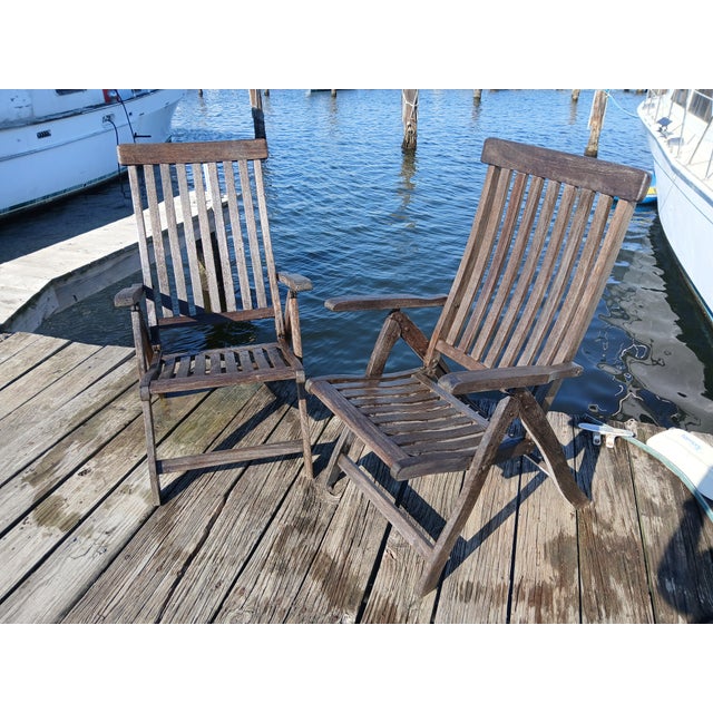 Wood Vintage Teak Folding Lounge Deck Arm Chairs - Set of 2 For Sale - Image 7 of 12