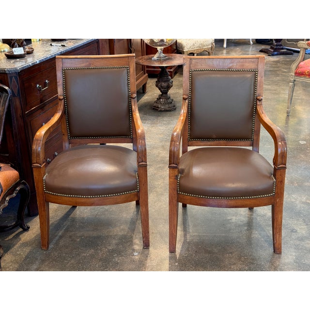 French Pair of 19th Century French Fauteuils With Leather Upholstery For Sale - Image 3 of 10