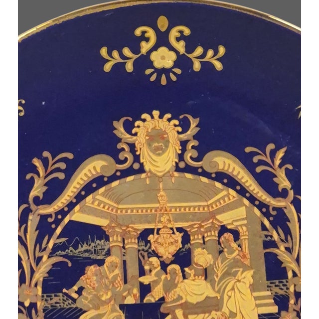 Chinoiserie Vintage Asian Chinoiserie Cobalt Blue Gilded Figural Scene Decorative Plate For Sale - Image 3 of 8
