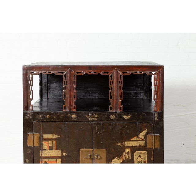 Antique Chinese Display Cabinet with Hand Painted Chinoiserie and Open Shelf For Sale - Image 11 of 13