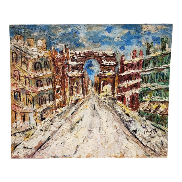 1960s Paris Street Scene Portes Saint-Denis Oil on Board For Sale
