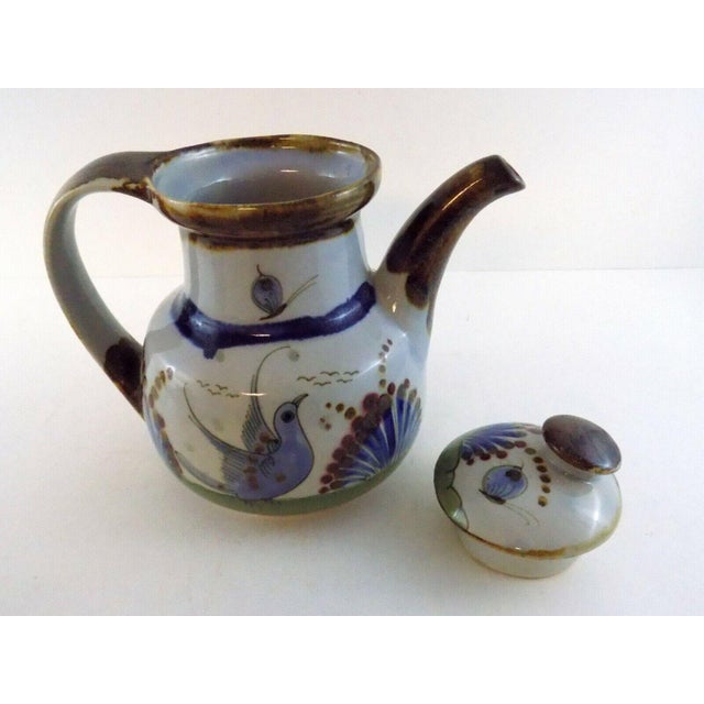 Vintage Mexico Pottery Tea Set Teapot Lidded Sugar and Creamer Blue and