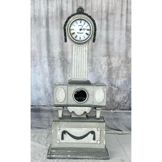 White Swedish Gustavian Grey Painted Tall Case Clock For Sale - Image 8 of 12