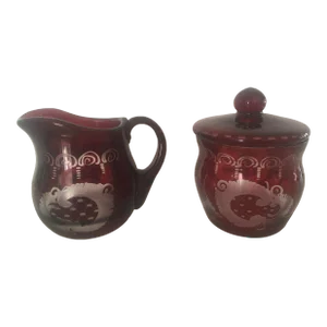 1940s Egermann Ruby Red to Clear Bohemian Glass Creamer & Sugar Set- 2 Pieces
