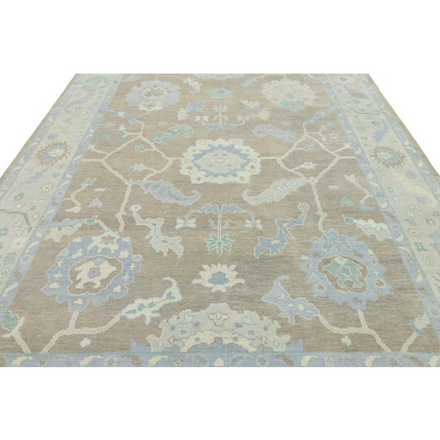 Modern Hand-Knotted Oushak Style Wool Rug in Muted Taupe, Soft Blue, and Seafoam For Sale - Image 12 of 12