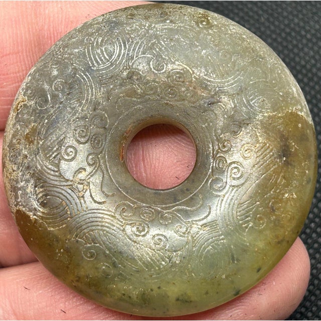 Vintage Chinese Hongshan Style Carved Jade Bi Discs Set of Three For Sale - Image 4 of 8