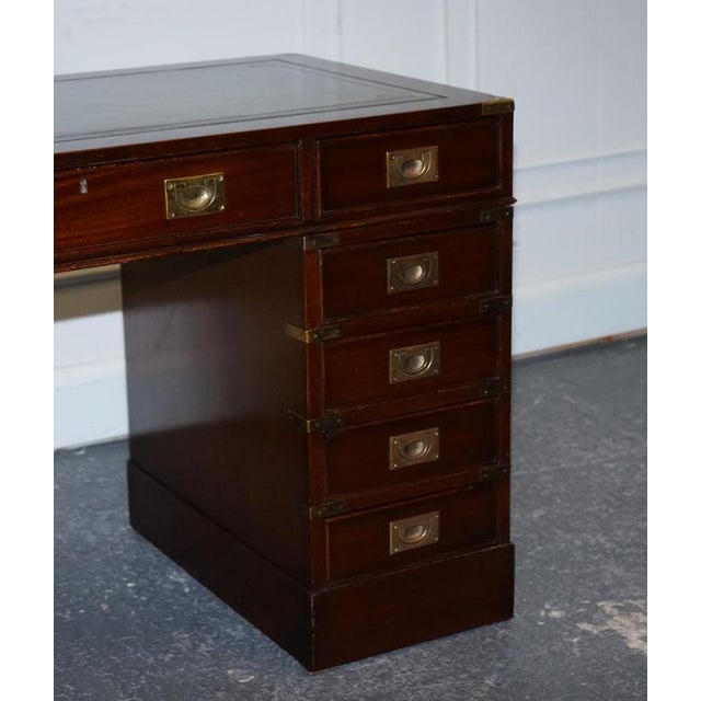 Fine Military Campaign Twin Pedestal Desk with Green Leather Top For Sale - Image 6 of 18